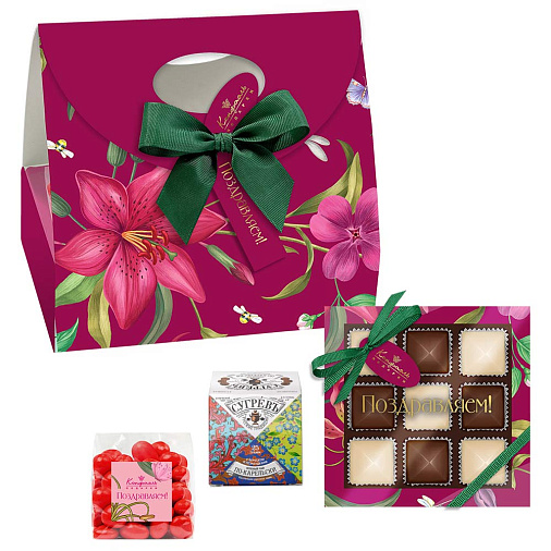 Подарочная сумочка: шоколад, драже, конфеты ассорти, чай 195г