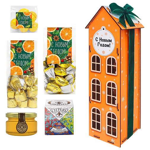 Новогодний домик с конфетами: ассорти, мармелад, драже, мед, чай 565г