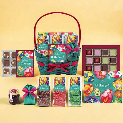 Пасхальная корзина шоколада, драже, конфет глазированных, варенья