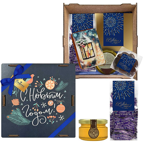 Новогодний набор: сухофрукты, двуслойные  конфеты мармелад + суфле, драже, мед 500г