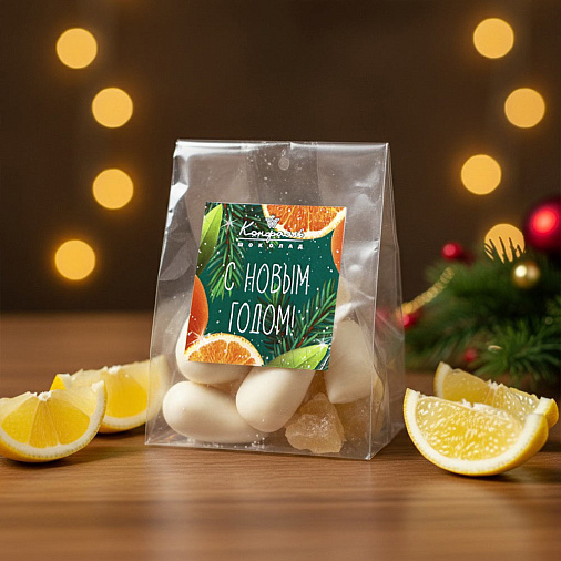 «Любимый вкус» цукаты лимонные корочки в белом шоколаде 50г (зеленое новогоднее оформление)