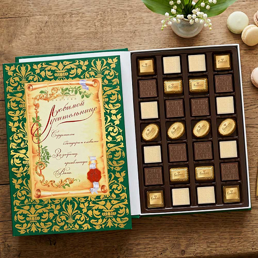 "Любимой учительнице" книга с шоколадными конфетами ассорти
