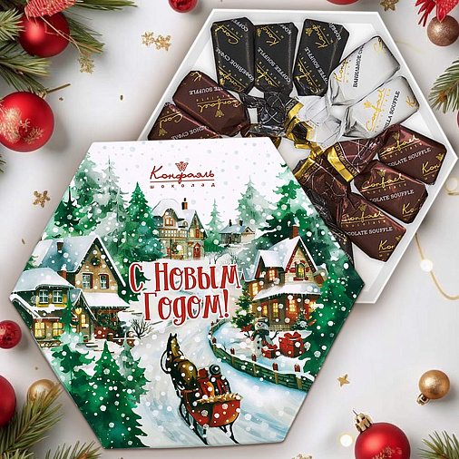 Новогодний набор суфле в шоколаде (ванильное, шоколадное, кофейное) 105г (пейзаж)