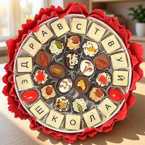 "Здравствуй школа" букет из конфет ручной работы (красный)
