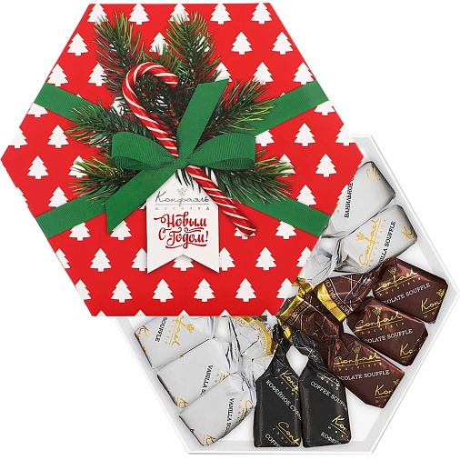 Новогодний набор конфет "Суфле" (ванильное, шоколадное, кофейное) в шоколаде 105г (красный)