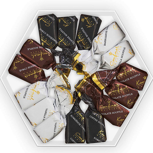 Новогодний набор конфет "Суфле" (ванильное, шоколадное, кофейное) в шоколаде 105г (красный)