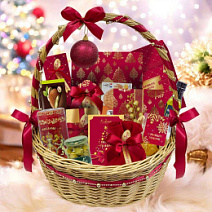 "Новогодняя корзина" набор: драже, конфеты, чай, печенье, мед, фруктовые чипсы 2705г