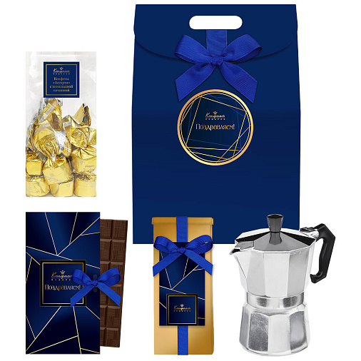 Подарочный набор: шоколад, кофе, кофеварка, ассорти 310г
