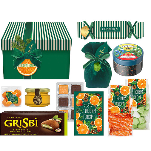Новогодний набор конфет: ассорти, мармелад-суфле, меренги, драже, мед, печенье, чай 920г